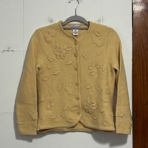 Pendleton Yellow Merino Wool Cardigan Sweater Floral Applique Small Old Money